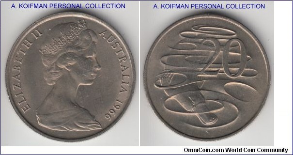 KM-66, 1966 Australia 20 cents; copper-nickel, reeded edge; above avergae uncirculated, possibly from the mint set.