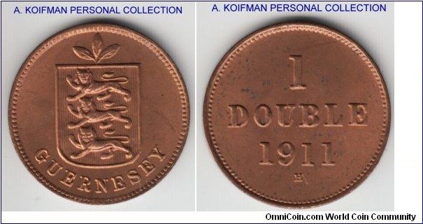 KM-10, 1911 Guernsey double, Heaton mint (H mintmark); bronze, plain edge; earlier type, red uncirculated, mintage 45,000.