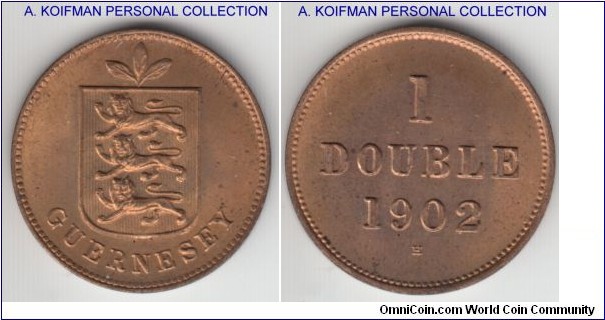 KM-10, 1902 Guernsey double, Heaton mint (H mint mark); bronze, plain edge; mostly red uncirculated, mintage 84,000.