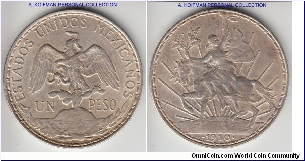 KM-453, 1910 Mexico peso; silver, reeded edge; about extra fine, possibly cleaned in the past.
