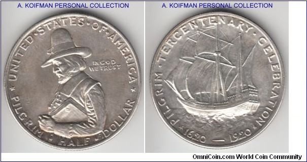 KM-147.1, 1920 United States of America half dollar, Pilgrim Tercentenary commemorative; silver, reeded edge; pleasantly lightly toned uncirculated.