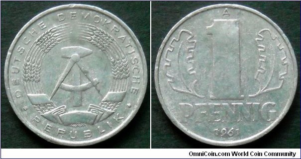 German Democratic Republic (East Germany)1 pfennig 1961, Al-mg.
Weight; 0,75g.
Diameter; 17mm.
Mint; Staatliche Münze Berlin (A)
Mintage: 101.775.914 pieces.