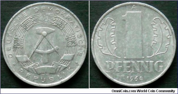 German Democratic Republic (East Germany) 1 pfennig 1964, Al-mg.
Weight; 0,75g.
Diameter; 17mm.
Mint; Staatliche Münze Berlin (A)
Mintage: 98.967.334 pieces.