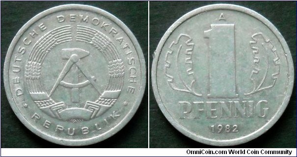 German Democratic Republic (East Germany) 1 pfennig.
1982, Al-mg.
Weight; 0,75g.
Diameter; 17mm.
Mint; Staatliche Münze Berlin (A)
Mintage: 99.200.000 pieces.