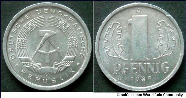 German Democratic Republic (East Germany) 1 pfennig.
1989, Al-mg.
Weight; 0,75g.
Diameter; 17mm.
Mint; Staatliche Münze Berlin (A)
Mintage: 84.390.000 pieces.
