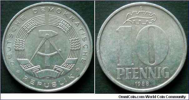 German Democratic Republic (East Germany)
10 pfennig 1988,
Al-mg.
Weight; 1,5g.
Diameter; 21mm.
Mint; Staatliche Münze Berlin (A)
Mintage: 10.704.000 pieces.
