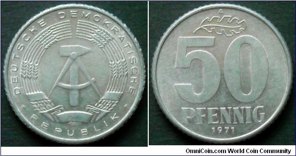 German Democratic Republic (East Germany) 50 pfennig.
1971, Al-mg.
Weight; 2g.
Diameter; 23mm.
Mint; Staatliche Münze Berlin (A)
Mintage: 35.823.130 pieces.