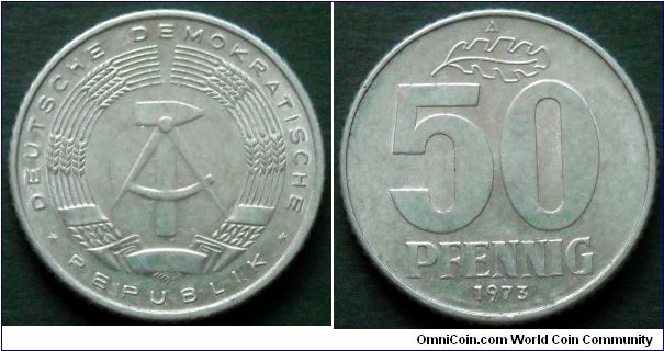 German Democratic Republic (East Germany) 50 pfennig.
1973, Al-mg.
Weight; 2g.
Diameter; 23mm.
Mint; Staatliche Münze Berlin (A)
Mintage: 6.530.456 pieces.