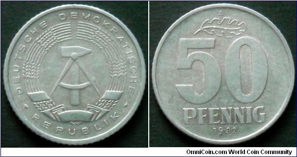 German Democratic Republic (East Germany) 50 pfennig.
1982, Al-mg.
Weight; 2g.
Diameter; 23mm.
Mint; Staatliche Münze Berlin (A)
Mintage; 79.832.250 pieces.
