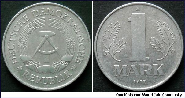 German Democratic Republic (East Germany) 1 mark.
1977, Al-mg.
Weight; 2,5g.
Diameter; 25mm.
Mint; Staatliche Münze Berlin (A)
Mintage: 119.813.200
pieces.