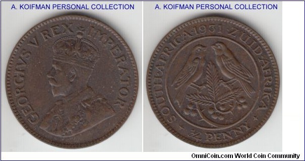 KM-12.2, 1931 South Africa farthing; bronze, plain edge; average uncirculated or almost.
