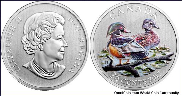 Canada, 25 cents, 2013 Ducks of Canada series, Wood Duck, coloured coin