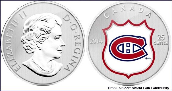 Canada, 25 cents, 2014 NHL Coin and Stamp Gift Set, Montreal Canadiens, coloured coin