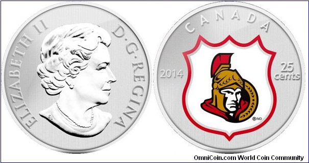 Canada, 25 cents, 2014 NHL Coin and Stamp Gift Set, Ottawa Senators, coloured coin