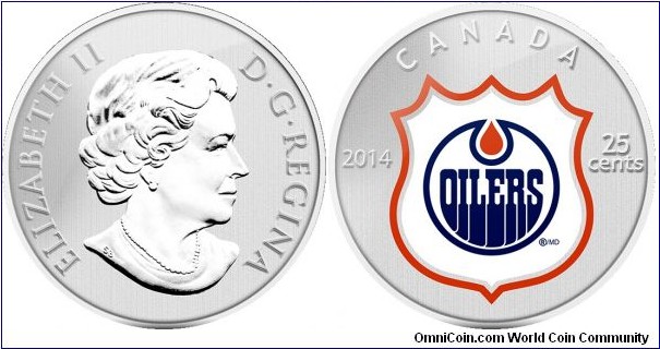 Canada, 25 cents, 2014 NHL Coin and Stamp Gift Set, Edmonton Oilers, coloured coin