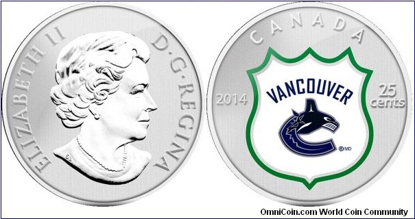 Canada, 25 cents, 2014 NHL Coin and Stamp Gift Set, Vancouver Canucks, coloured coin