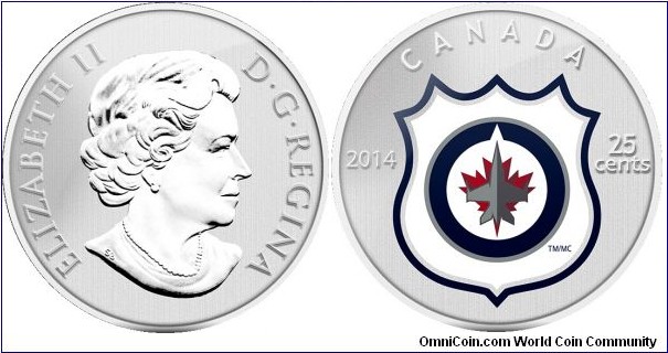 Canada, 25 cents, 2014 NHL Coin and Stamp Gift Set, Winnipeg Jets, coloured coin