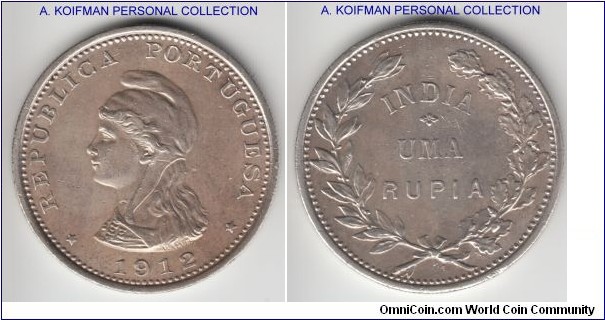 KM-18, 1912 Portuguese India rupia; silver, reeded edge; extra fine or better, possibly cleaned in the past.