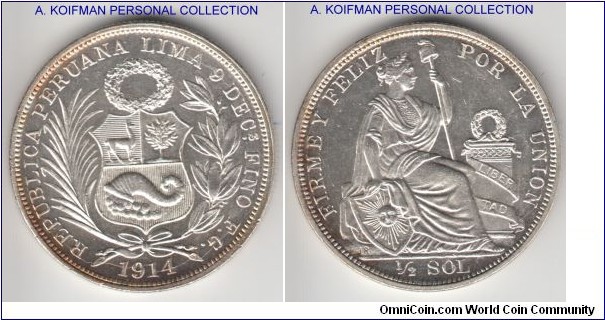 KM-203, 1914 Peru 1/2 sol; silver, reeded edge; brilliant uncirculated coin with highly reflective fields.
