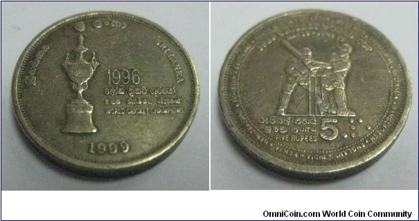 1996 Sri Lanka Cricket World Cup Champions  Commemorative 5 Rupee Coin issued in 1999
