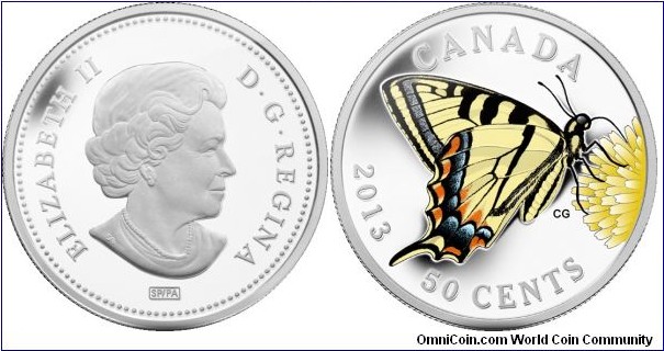 Canada, 50 cents, 2013 Butterflies of Canada, Canadian Tiger Swallowtail,Silver Plated Coin