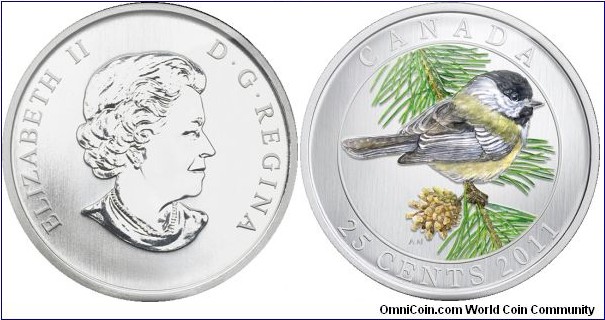 Canada, 25 cents, 2011 Birds of Canada Series, Black-capped Chickadee, Coloured Coin