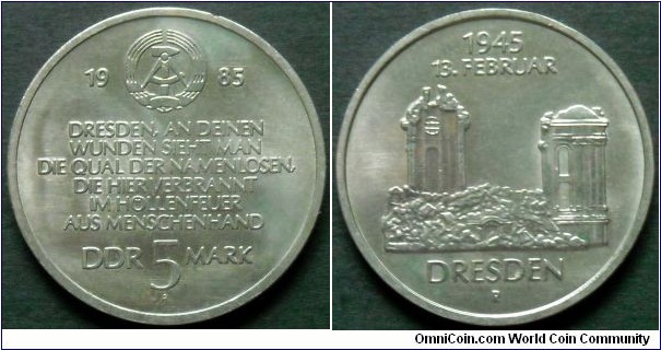 German Democratic Republic (East Germany) 5 mark.
1985, Destroyed Frauenkirche in Dresden. Church of Our Lady. Church was destroyed in the bombing of Dresden during WW II. Frauenkirche was rebuilt after the reunification of Germany.