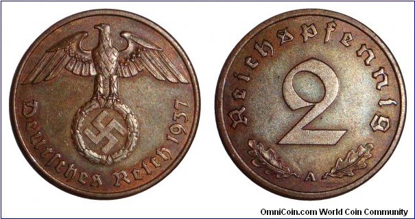 GERMANY (THIRD REICH)~2 Reichspfennig 1937 A. Mint: Berlin