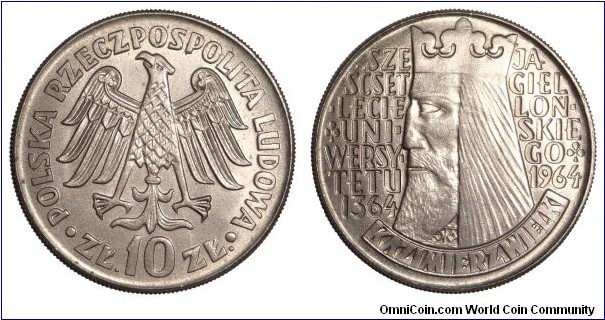 POLAND (PEOPLES REPUBLIC)~10 Zlotych 1964. 600th Anniversary of Jagiello
University