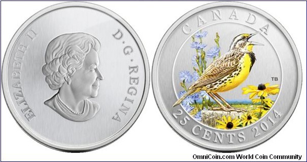 Canada, 25 cents, 2014 Birds of Canada Series, Eastern Meadowlark, Coloured Coin
