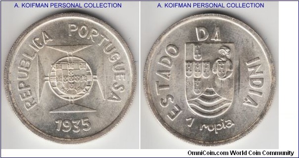 KM-22, 1935 Portuguese India rupia; silver, reeded edge; nice bright white uncirculated specimen, mintage 300,000