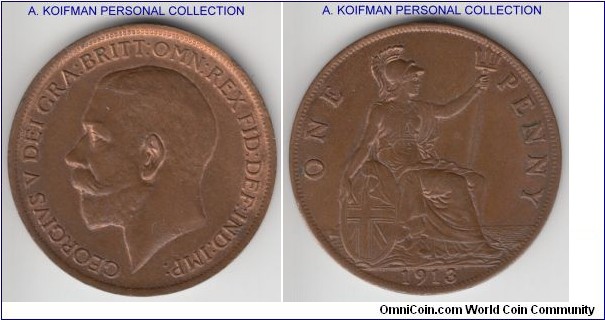 KM-809, 1913 Great Britain penny; bronze, plain edge; about uncirculated or better, some luster remaining.