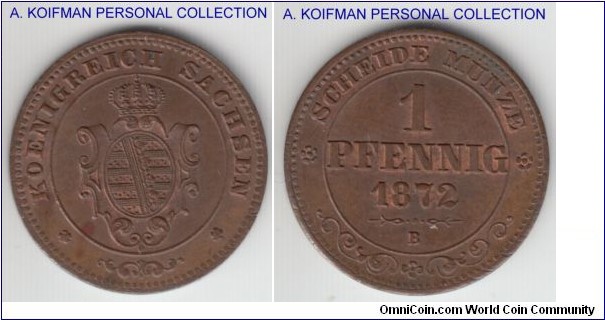 KM-1216, 1872 Saxony-Albertine German States pfennig; copper, plain edge; extra fine, some dirt and spots.