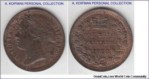 KM-750, 1878 Great Britain 1/3 farthing; bronze, plain edge; uncircuated or almost but some spotting on obverse