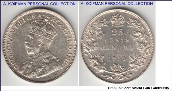 KM-24, 1918 Canada 25 cents; silver, reeded edge; interesting piece, looks about uncirculated with the small flan defect, moderate bag marks.