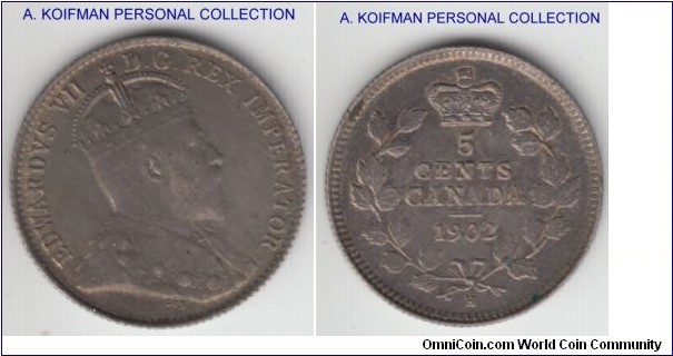 KM-9, 1902 Canada 5 cents; silver, reeded edge; dark toned scarce small H variety, about uncirculated or better.