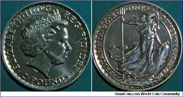 Silver Britannia, 2 Pounds, 1 oz bullion coin. 