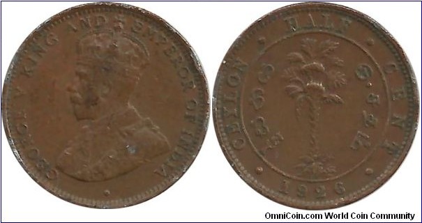 Ceylon-British ½ Cent 1926