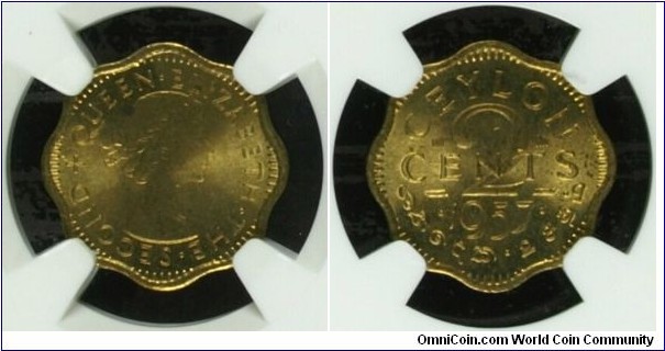 Ceylon 2 Cents 1957 KM#124 MS64