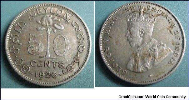 1926 British Ceylon 50 Cents Silver Coin