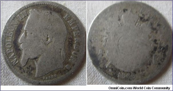 1866 BB franc, very worn.