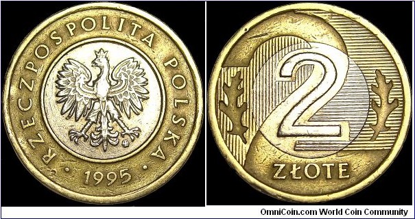 Poland - 2 Zlote - 1995 - Bi-Metallic : Copper -nickel center in Aluminium-bronze ring - Weight 5,21 gr - Size 21,5 mm - Thickness 1,97 mm - Medal alignment (0°) - Engraver: Ewa Tyc-Karpinska - Mint: Warsaw-Poland - Edge: Smooth - Mintage 122 880 020 - Reference KM# 283 (1994-2010)
