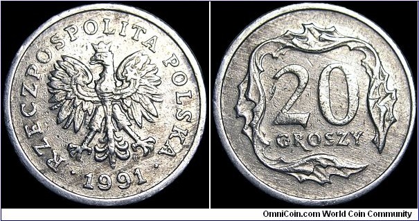 Poland - 20 Groszy - 1991 - Period : Third Republic (1990-2013) - Weight 3,22 gr - Copper-Nickel - Size 18,5 mm - Thickness 1,6 mm - Alignment Medal (0°) - Engraver Obverse : Stanislawa Watróbska-Frindt - Engraver Reverse : Ewa Tyc-Karpinska - Mint : Warsaw-Poland - Edge Milled -Mintage 75 400 000 - Reference Y# 280 (1990-2013) 