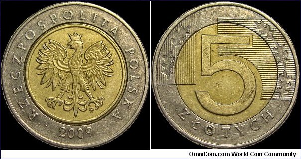 Poland - 5 Zlotych - 2009 - Third Republic (1990-2013) - Weight 6,54 gr - Bi-Metallic:Aluminium-bronze center in Copper-nickel ring - Size 24 mm - Thickness 1,91 mm - Alignment Medal (0°) - Engraver: Ewa Tyc-Karpinska - Mint Warsaw-Poland - Edge Alterating milled with 3 small smooth parts - Mintage 59 000 000 - Reference Y# 284(1994-2010)