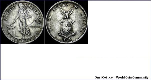 50 Centavos COIN 
PHILIPPINE-USA 1945