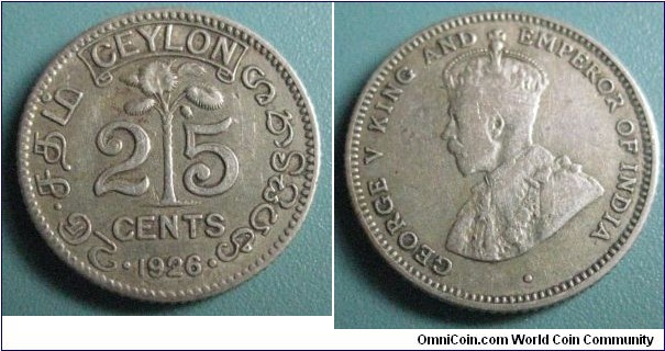 British Ceylon 1926 Silver Coin 25 Cents