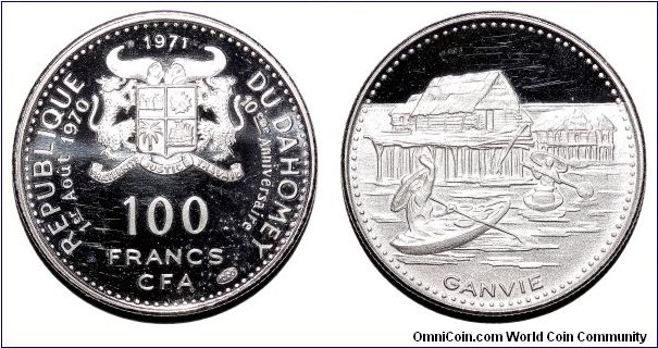 DAHOMEY~100 CFA Francs 1971. Silver proof: 10th Anniversary of Independence~Ganvie Village. *SCARCE*