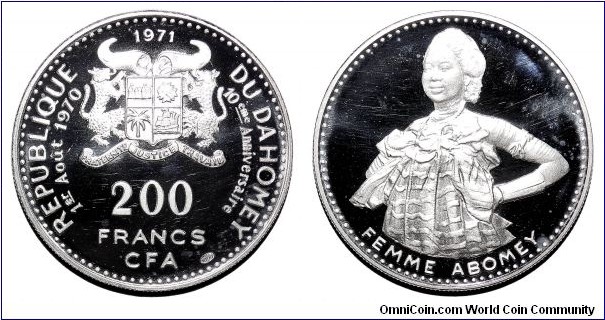 DAHOMEY~200 CFA Francs 1971. Silver proof: 10th Anniversary of Independence~Abomey Woman. *SCARCE*