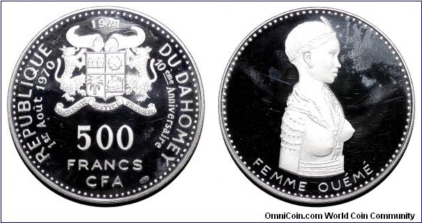 DAHOMEY~500 CFA Francs 1971. Silver proof: 10th Anniversary of Independence~Ouémé Woman. *SCARCE*