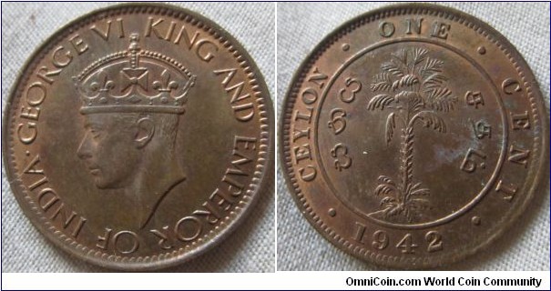 1942 Cent from Ceylon, EF grade with plenty of remaining lustre
